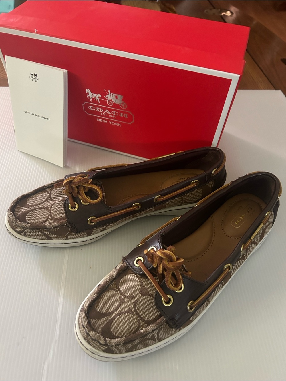 Coach Brown Signature Canvas Boat Shoes with Tan Leather Trim